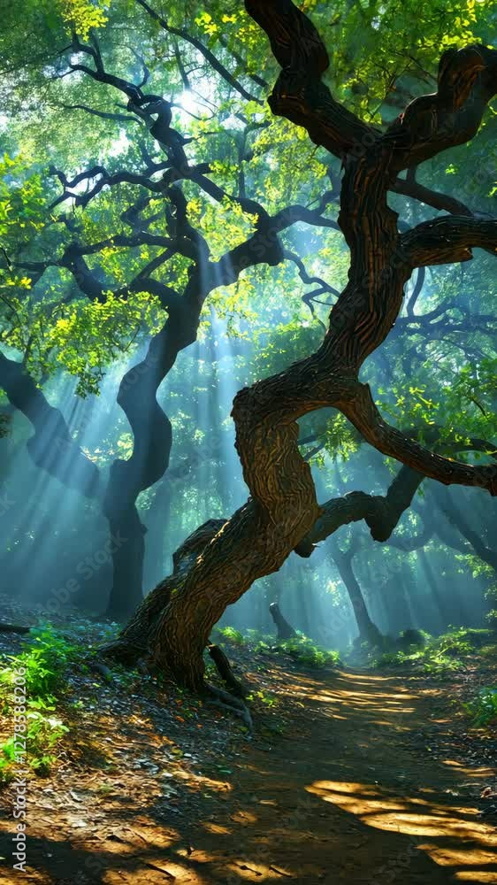 Aufkleber Sunlight filters through ancient trees in a lush forest, creating a serene atmosphere in the morning hours