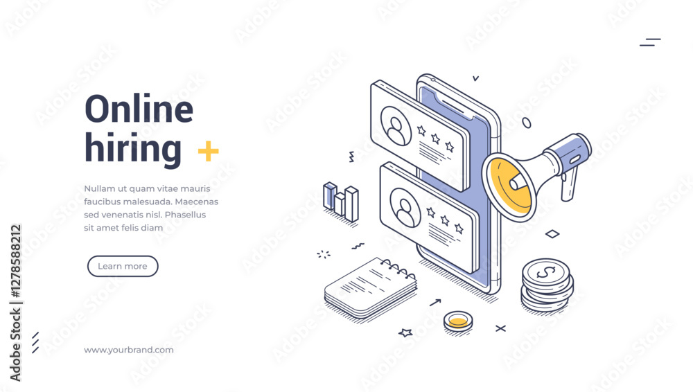 Wall mural modern online hiring web banner featuring isometric design elements. it highlights an application pr