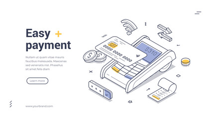 Easy payment modern isometric line art web banner template. Payment terminal with a credit card, coins, and transaction details, visually showcasing the process of making a digital payment