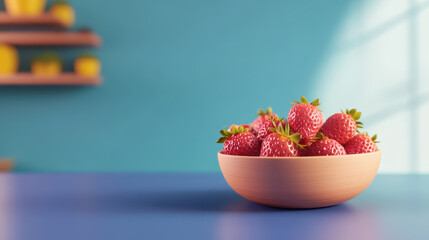 picnic conpect, Fresh strawberries in wooden bowl on blue table with bright background