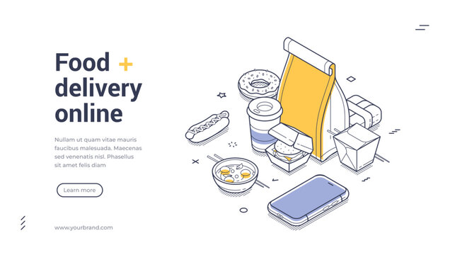 Food delivery online modern isometric line art web banner template. Collection of fast food items, including a takeaway bag, drinks, snacks, and a smartphone. Landing page template