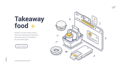 Online ordering for fast food and groceries. It features a shopping basket, payment methods, and various food items prominently displayed. Modern isometric line art web banner, landing page template