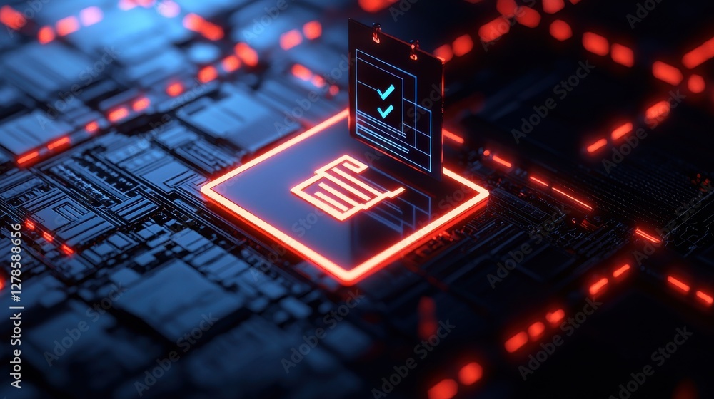 Poster digital verification system a glowing checklist for innovative tech solutions in a futuristic enviro