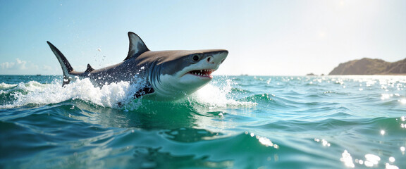 Blacktip shark breaches ocean surface with sunlight, nature's majesty