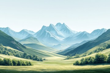 Fototapeta premium Serene Mountain Valley Landscape Breathtaking View of Rolling Hills and Majestic Peaks