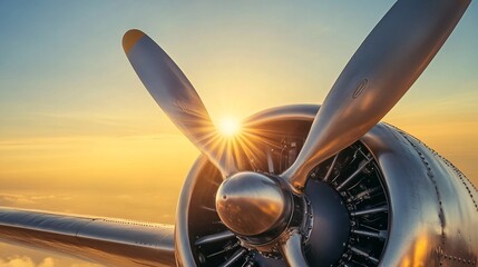 Close-up of vintage airplane propeller with sunset.