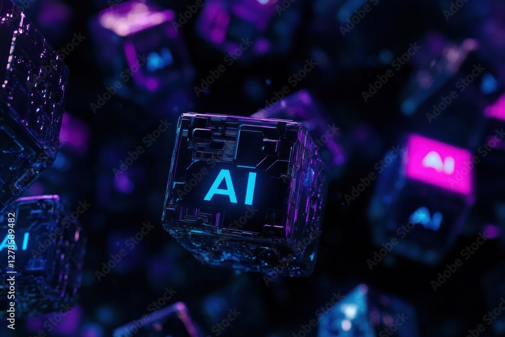 Poster glowing ai cubes floating in dark space.