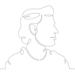 One continuous drawing line logo young man portrait profile head bust side view .Single hand drawn art line doodle outline isolated minimal illustration cartoon character flat