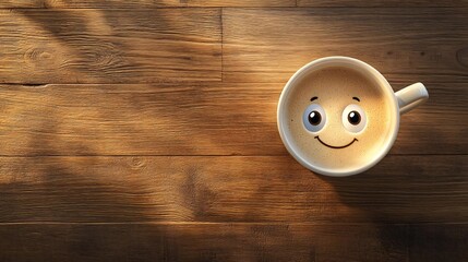 top view of a steaming cup of coffee on a bright background, morning refreshment