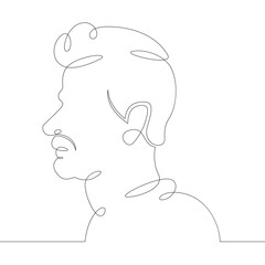 One continuous drawing line logo young man portrait profile head bust side view .Single hand drawn art line doodle outline isolated minimal illustration cartoon character flat