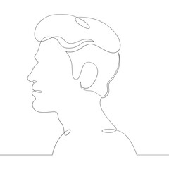 One continuous drawing line logo young man portrait profile head bust side view .Single hand drawn art line doodle outline isolated minimal illustration cartoon character flat