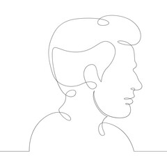 One continuous drawing line logo young man portrait profile head bust side view .Single hand drawn art line doodle outline isolated minimal illustration cartoon character flat