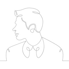 One continuous drawing line logo young man portrait profile head bust side view .Single hand drawn art line doodle outline isolated minimal illustration cartoon character flat