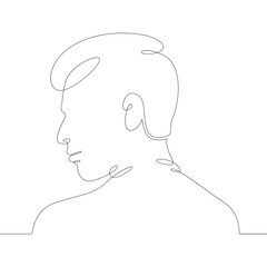 One continuous drawing line logo young man portrait profile head bust side view .Single hand drawn art line doodle outline isolated minimal illustration cartoon character flat
