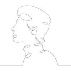 One continuous drawing line logo young man portrait profile head bust side view .Single hand drawn art line doodle outline isolated minimal illustration cartoon character flat