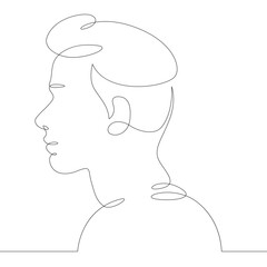 One continuous drawing line logo young man portrait profile head bust side view .Single hand drawn art line doodle outline isolated minimal illustration cartoon character flat