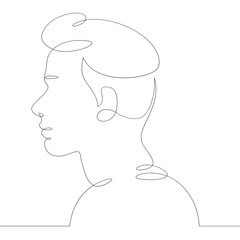 One continuous drawing line logo young man portrait profile head bust side view .Single hand drawn art line doodle outline isolated minimal illustration cartoon character flat