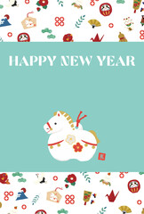 New Year's card for the year 2026. Illustration of a horse clay bell.
