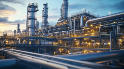 Fototapeta premium A vibrant industrial facility at sunset, showcasing towering smokestacks and illuminated pipelines against a dramatic sky.