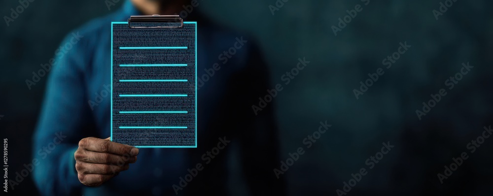 Poster hand holding glowing checklist hologram document digital workspace holographic display virtual envir