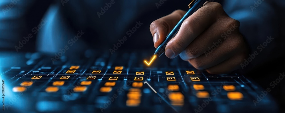 Poster hand holding glowing checklist hologram document digital workspace holographic display futuristic en