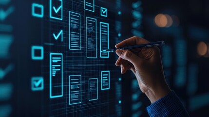Hand engaging with digital checklist icons virtual workspace user interface technology close-up interaction with digital content