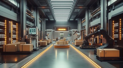 A modern, automated warehouse interior featuring robotic systems, storage shelves, and glowing lights, emphasizing efficiency and advanced technology.