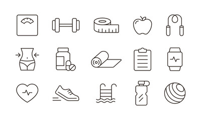 A set of minimalistic line icons with a diet concept. Scale, exercise, tape measure, apple, jump rope, body, medicine, mat, watch, heart rate, running, sneakers, swimming, water, ball.