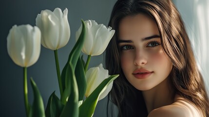 Fototapeta premium Serene White Tulips in Full Bloom, Delicate Petals and Green Leaves, Soft Gray Background, Shallow Depth of Field, Floral Unity