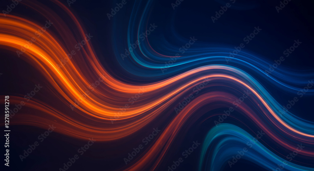 Poster luminous trails: dynamic flow of warm and cool light - abstract waves of orange and blue intersect o