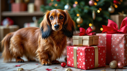 A long-haired dachshund sitting among Christmas presents with a festive tree background.