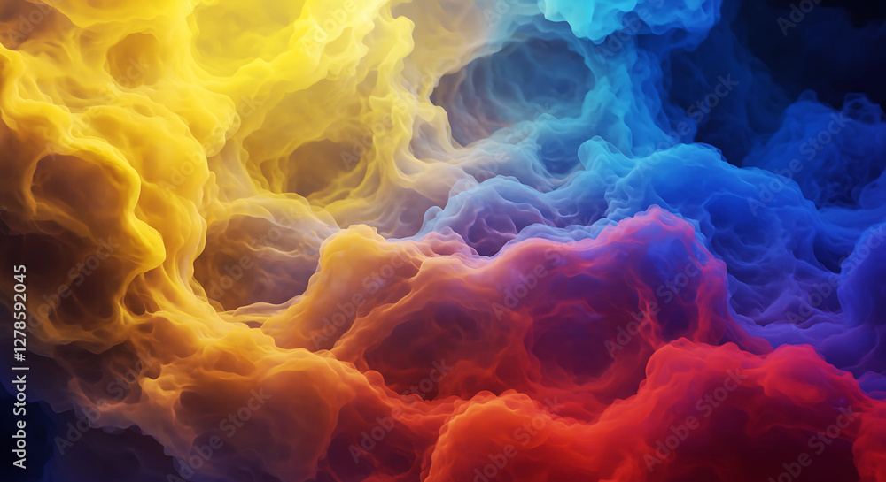 Poster chromatic clouds: swirling hues of yellow, blue, and red - abstract forms of color blend and merge, 