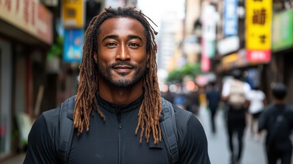 Fototapeta premium A young man with long dreadlocks smiles while standing in the middle of a bustling urban street. He wears a fitted black shirt and a backpack, surrounded by city life and colorful shop signs
