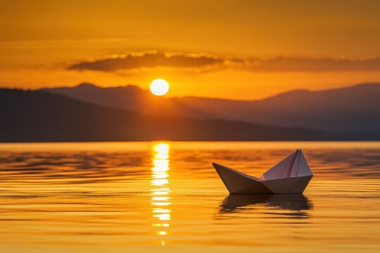 Paper Boat Floating Calmly on Lake at Sunset with Golden Reflection