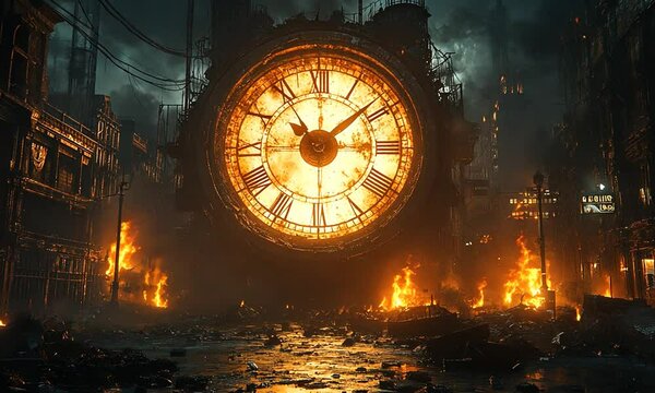 A massive clock tower surrounded by flames in a dystopian cityscape at twilight