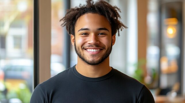 A young man with curly hair and a bright smile is positioned against a window in a cafe. Natural light highlights the relaxed atmosphere of the space, creating a warm ambiance - Powered by Adobe