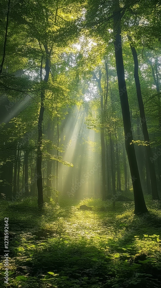 Poster sunlight streaming through dense tree canopy in serene forest environment, creating a peaceful and t