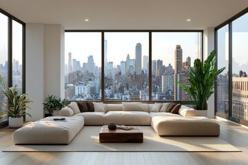 Modern Apartment Living Room with Stunning City Skyline View Beige Sectional Sofa
