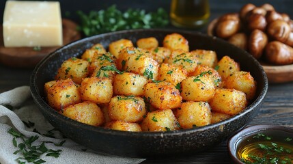 Fototapeta premium Roasted Potatoes Garlic Parsley Dark Wood Background Food Photography