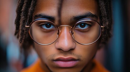 A young man stands in an urban area, wearing glasses and sporting dreadlocks