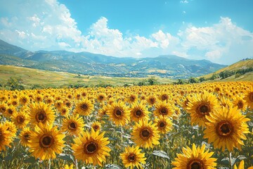 Fototapeta premium Sunflower blooms in vibrant fields mountain valley nature photography bright blue sky scenic view beauty of spring