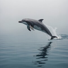 Fototapeta premium A single dolphin swimming along the surface of the water, set against a minimalist white backdrop.