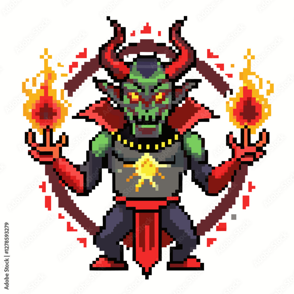 Poster pixel art demon with horns and fireballs in hands retro game character design