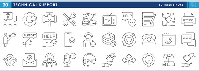 A set of line icons related to Technical Support. Support, help, care, message, call, network, community, solution, solve, gear, and so on. Vector editable stroke.