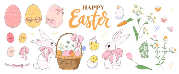 Collection of cute Easter illustrations of rabbits, eggs, baby chicks, flowers, bows and a wicker basket. Hand drawn decoration elements for spring designs, easter theme banner, poster, greeting card.