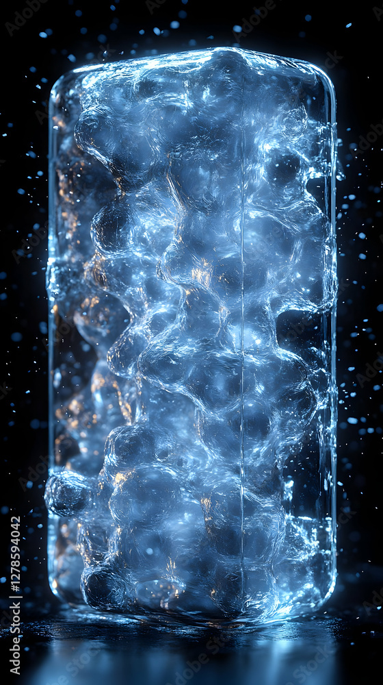Poster abstract mobile device with glowing blue particles in dark background showing modern technology