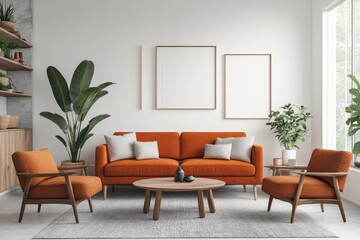 Modern Living Room Interior Design Orange Sofa Wooden Chairs and Plants
