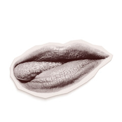 Vintage torn out paper collage of sexy woman mouth with tongue . Isolated vector collage illustration cut from an old newspaper with a halftone effect. Retro element with Bitmap texture of female lips