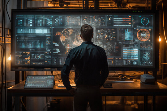 A man is standing in front of a large computer monitor, looking at the screen