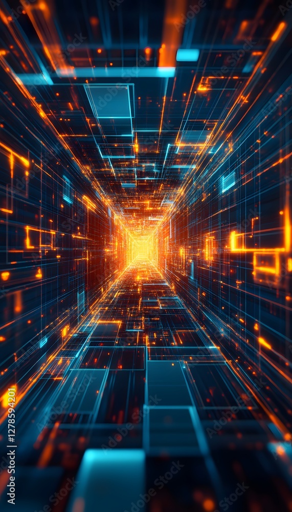 Poster digital tunnel with glowing lines and geometric shapes